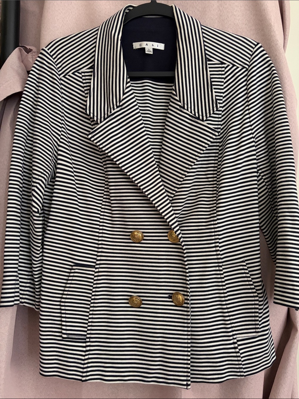 CAbi Black and White Striped Double-Breasted Blazer with Gold Buttons